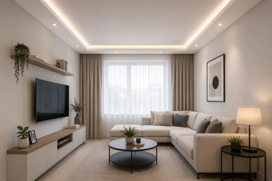 küçük salon sade minimal asma tavan modeli açık renk tasarım&nbsp;