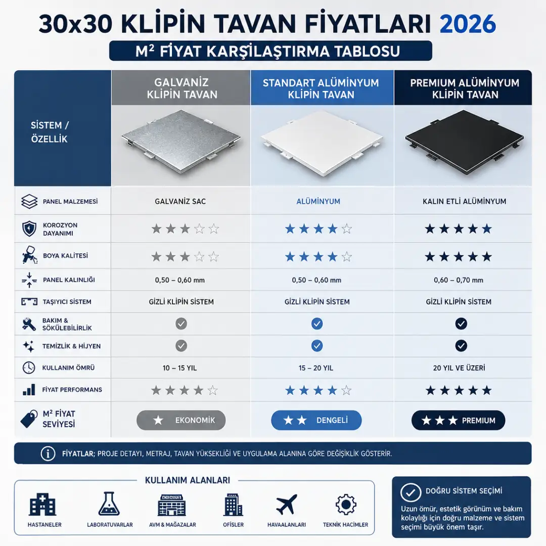30x30 klipin tavan sistemlerinde galvaniz ve alüminyum panel seçeneklerinin karşılaştırılması&nbsp;