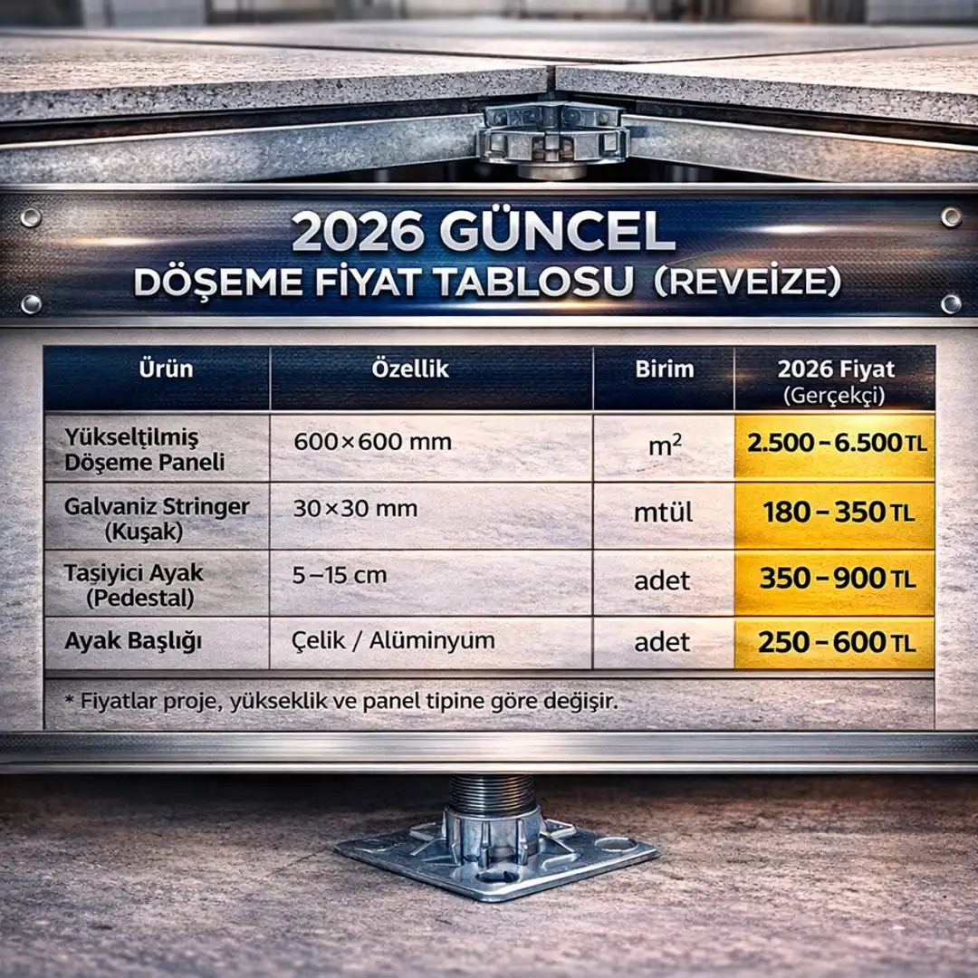 2026 yükseltilmiş döşeme fiyat tablosu; panel, taşıyıcı ayak ve galvaniz sistem bileşenlerinin güncel metrekare ve birim fiyatları&nbsp;