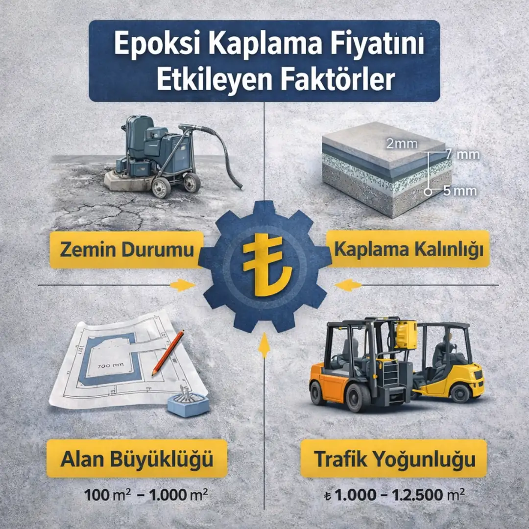 Epoksi zemin kaplama fiyatını etkileyen faktörler, zemin durumu, kalınlık ve kullanım yoğunluğu görseli&nbsp;