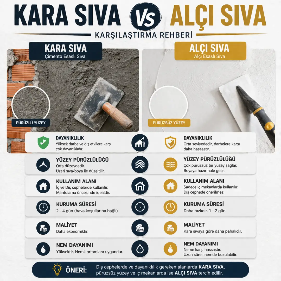 Kara sıva ve alçı sıva arasındaki yüzey farkı, pürüzlülük ve kullanım alanlarını karşılaştıran görsel