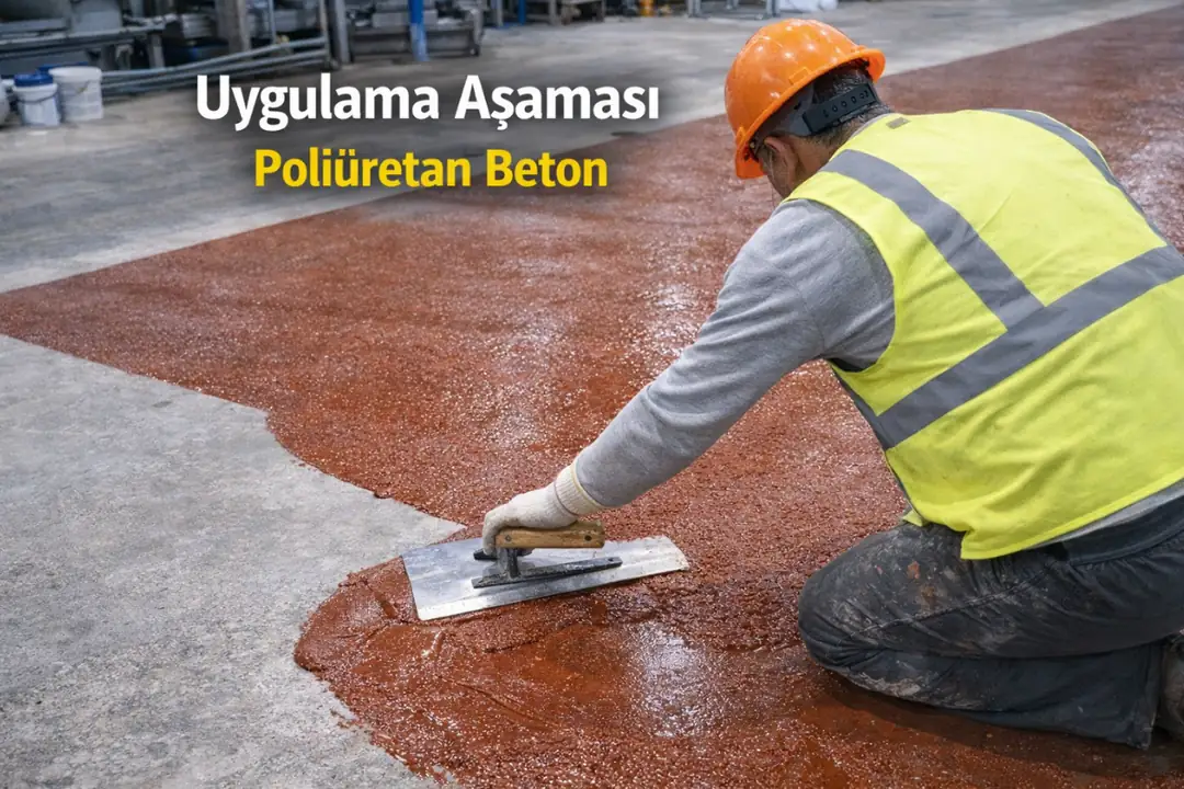 Poliüretan beton kaplama uygulama aşaması mala ile yayma işlemi şantiye saha görüntüsü&nbsp;