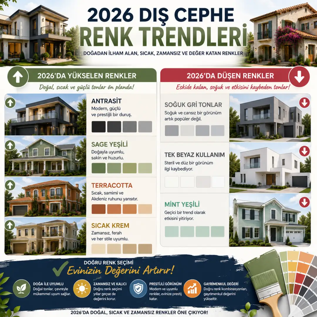 2026 dış cephe boya renk trendleri yükselen ve düşüşte olan modern villa renkleri