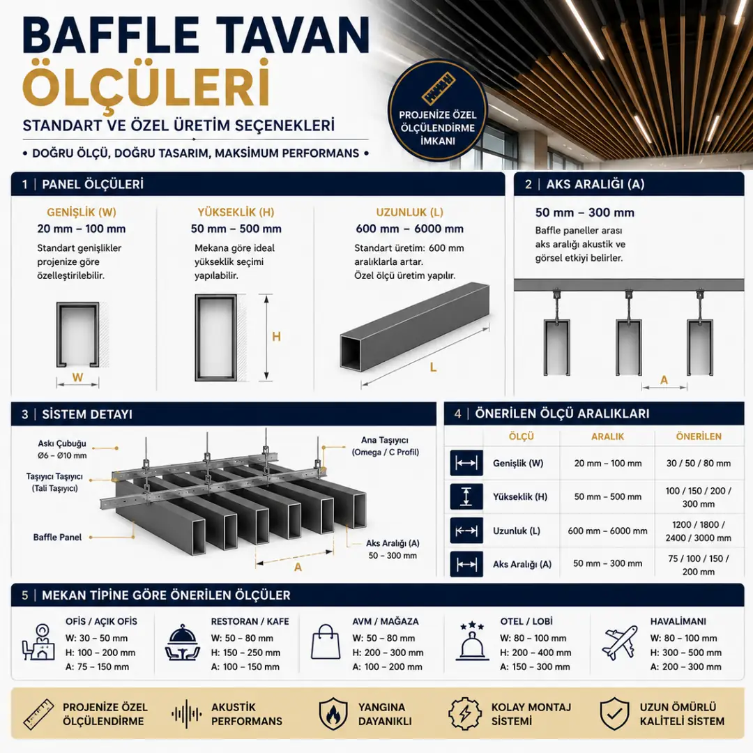 Baffle tavan panel ölçüleri ve aks aralıklarını gösteren teknik çizim