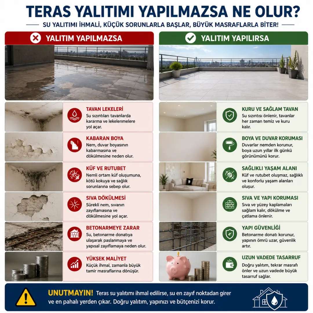 Teras su yalıtımı yapılmadığında oluşan rutubet, küf, boya kabarması, tavan lekeleri ve betonarme hasarları.&nbsp;