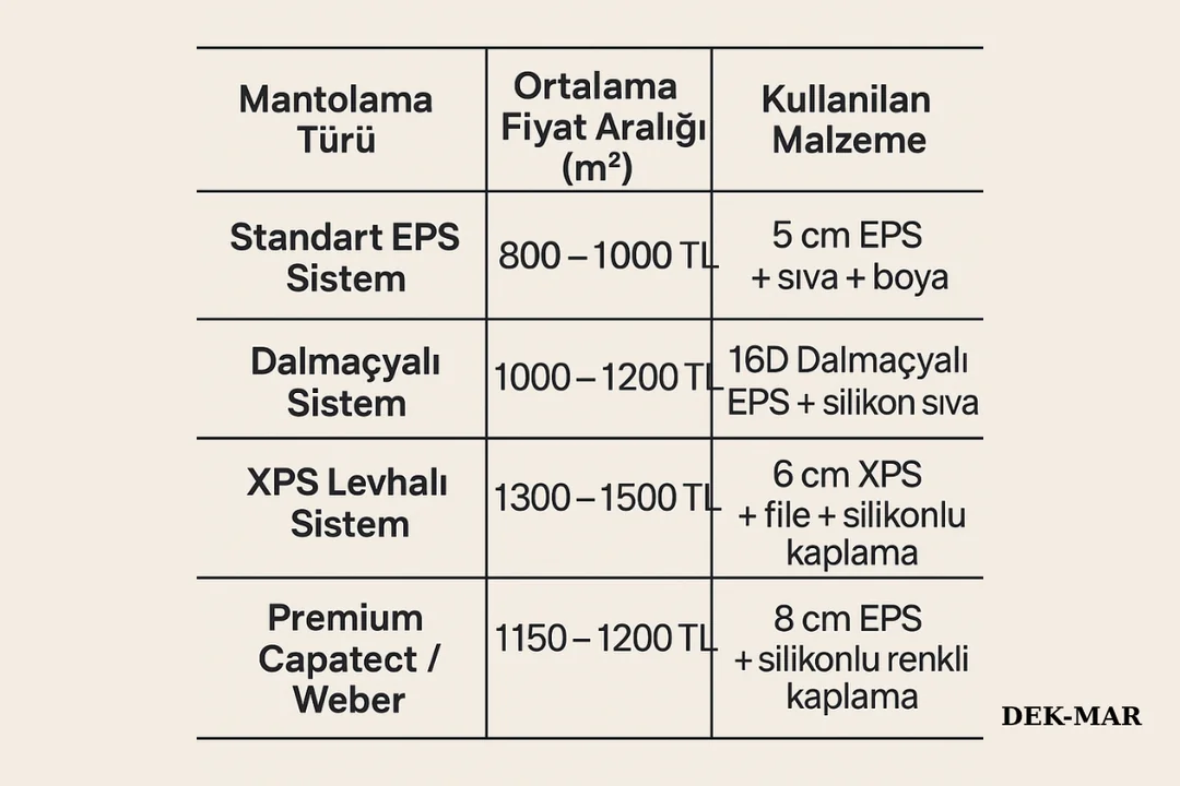 Ümraniye mantolama fiyat tablosu 2025 – EPS, Dalmaçyalı, XPS ve Weber sistem m² fiyat karşılaştırması | Dek-Mar İnşaat