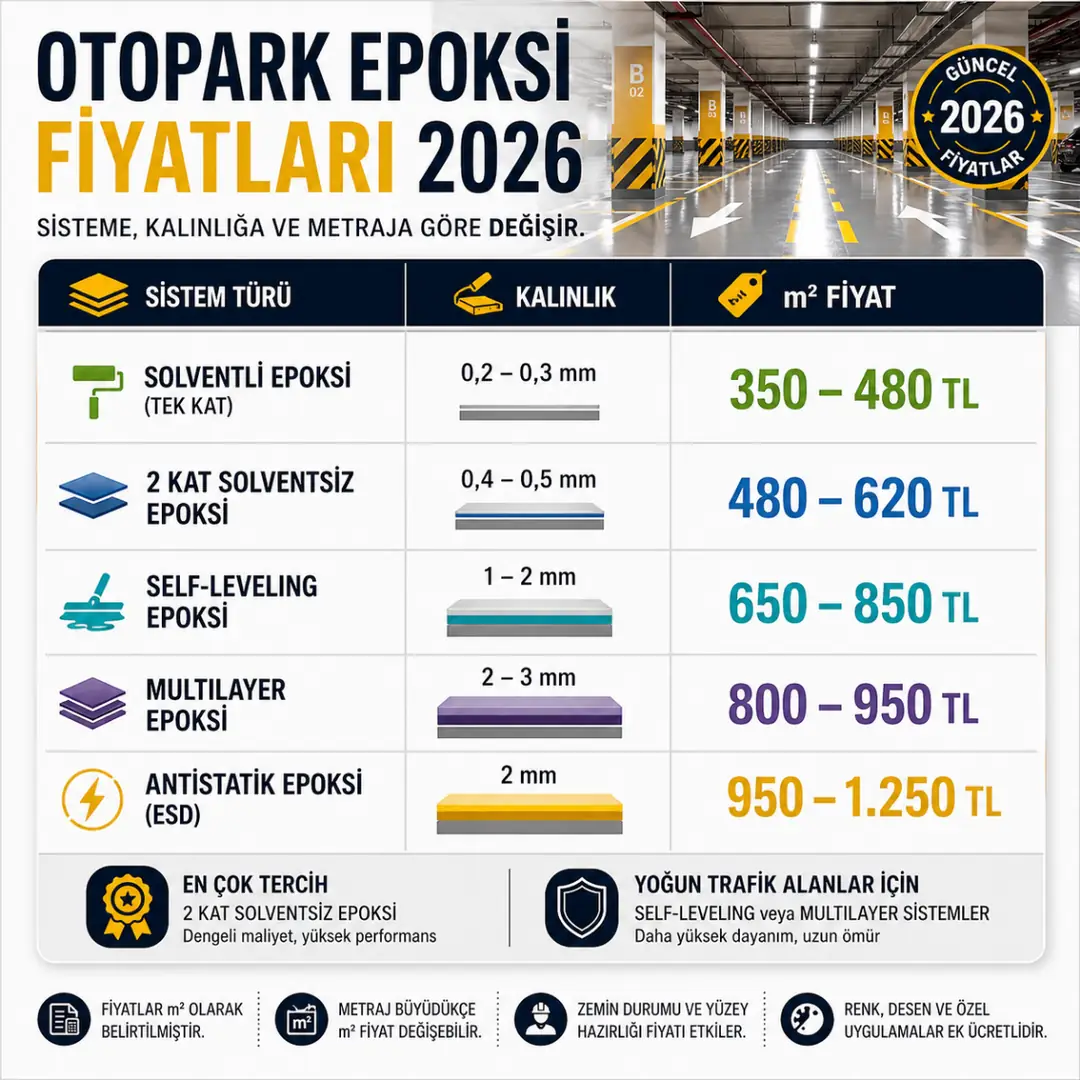 Otopark epoksi zemin kaplama fiyat tablosu 2026 m2 maliyetleri solventli self leveling multilayer epoksi fiyatları