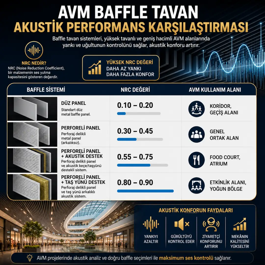 AVM baffle tavan akustik NRC performans karşılaştırması