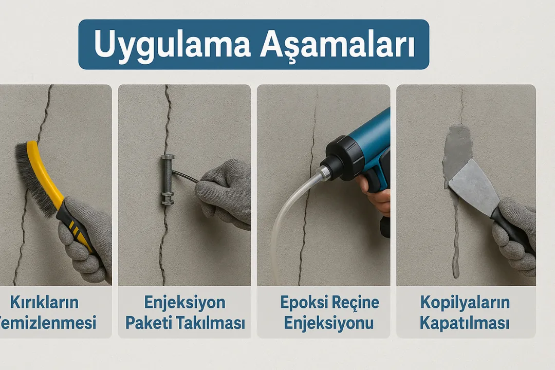 “Epoksi enjeksiyon uygulama aşamaları – yüzey temizliği, paker montajı, reçine basımı ve kapatma işlem adımları – Dek-Mar 2025” 