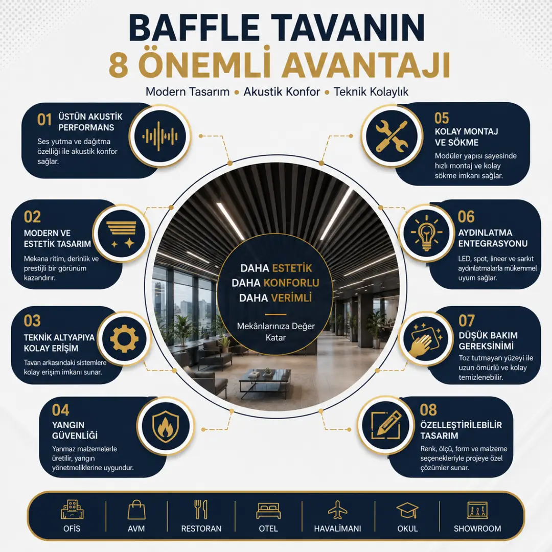 Baffle tavan sistemlerinin akustik, estetik ve teknik avantajlarını gösteren infografik