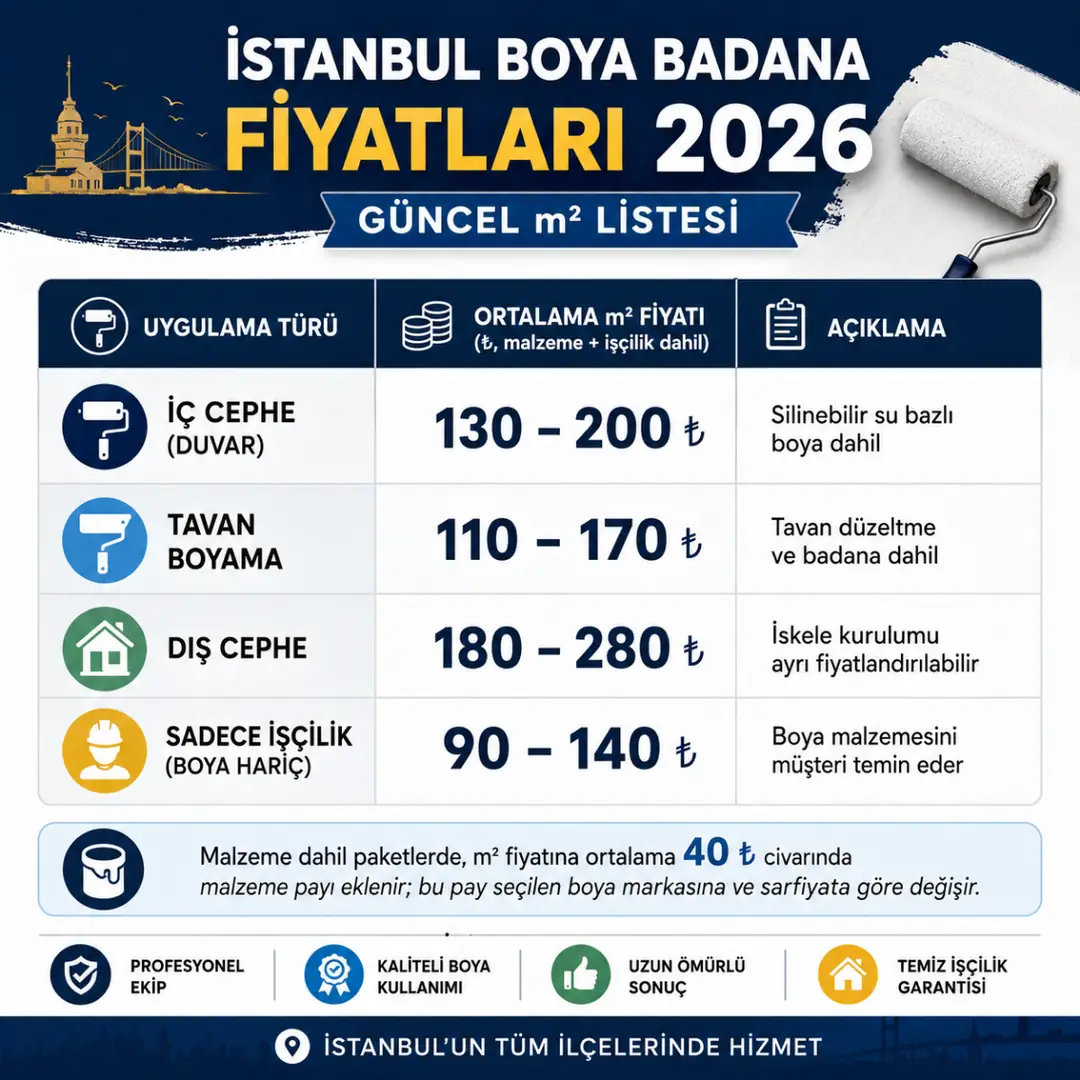 2026 İstanbul boya badana güncel metrekare fiyat tablosu