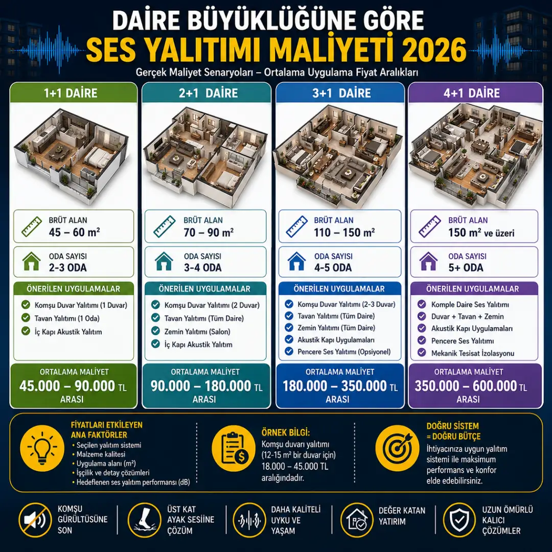 Daire büyüklüğüne göre ses yalıtımı maliyeti&nbsp;