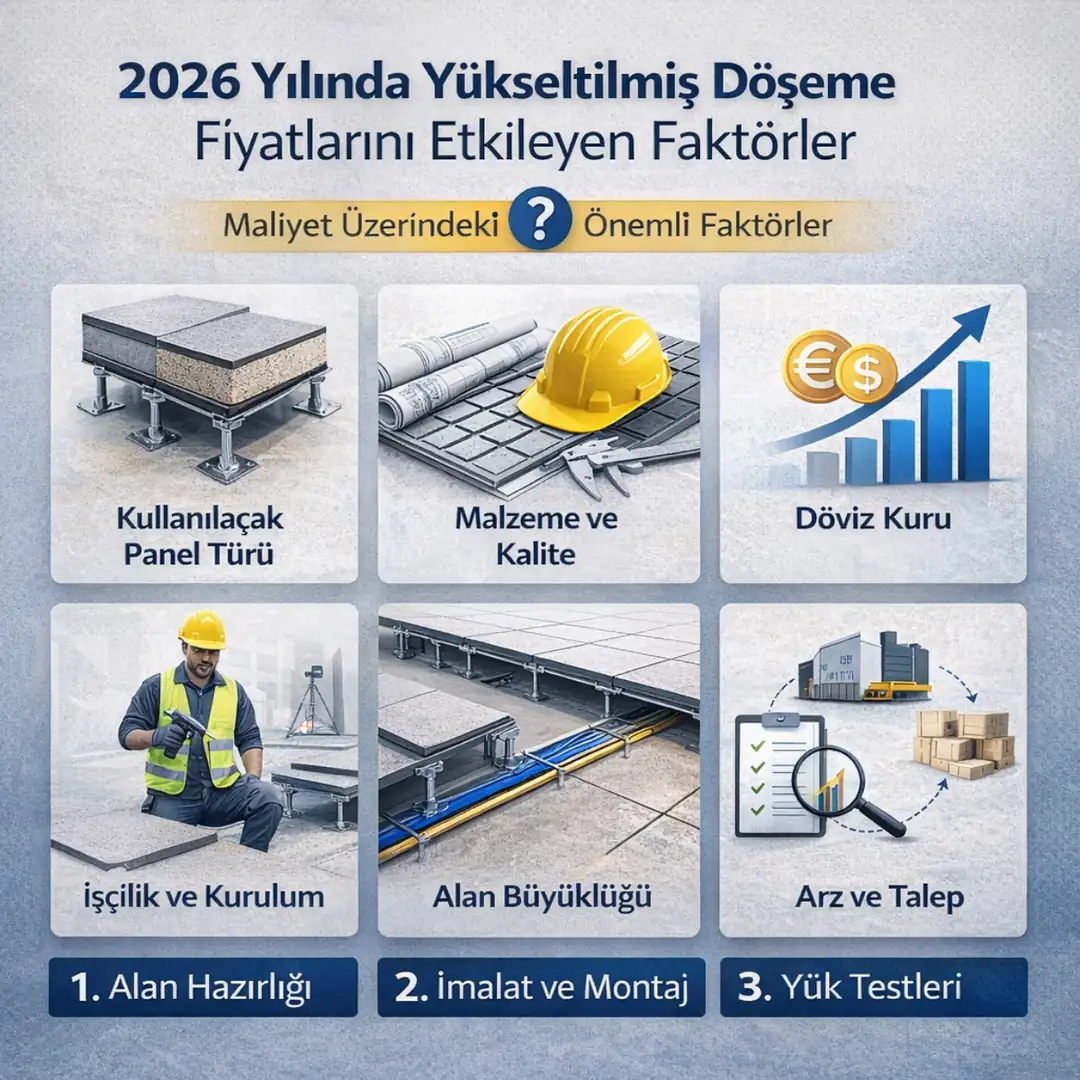 Yükseltilmiş döşeme fiyatlarını etkileyen faktörler panel türü yük kapasitesi işçilik ve kaplama seçenekleri infografik&nbsp;