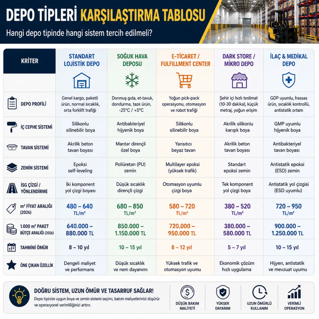 Depo tipleri karşılaştırma tablosu lojistik soğuk hava dark store ve fulfillment depo sistem maliyet analizi&nbsp;