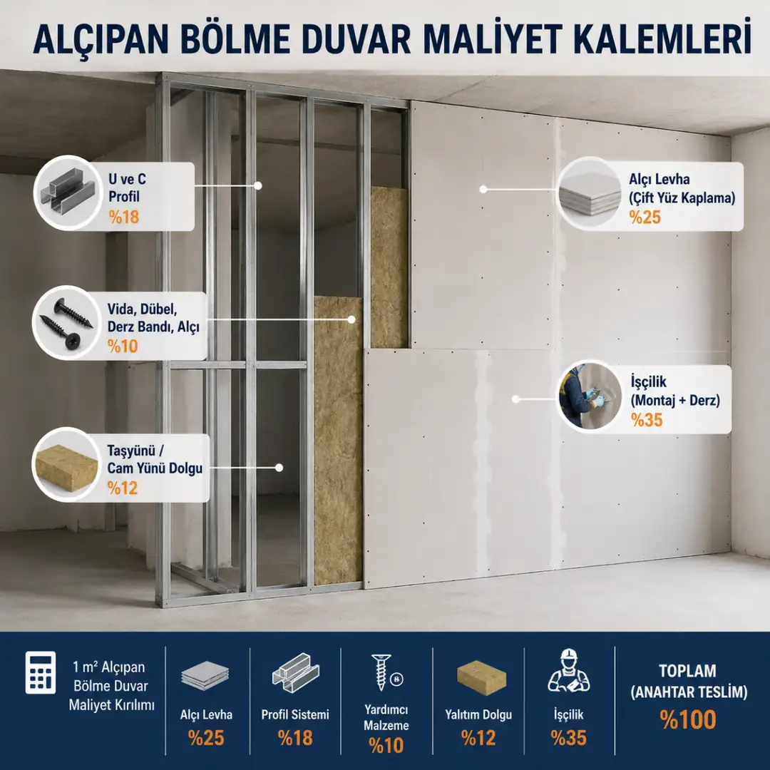 Alçıpan bölme duvar maliyet kalemleri için profil iskelet, taş yünü dolgu ve levha kaplama aşaması.