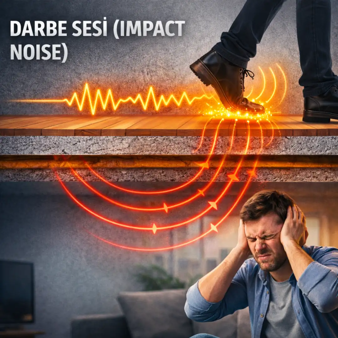 Darbe sesi titreşiminin beton döşeme üzerinden alt kata iletilmesini gösteren şema&nbsp;