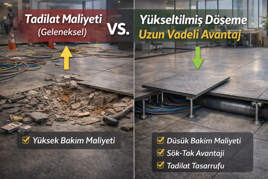 Yükseltilmiş döşeme uzun vadede düşük maliyet ve tadilat tasarrufu sağlar&nbsp;