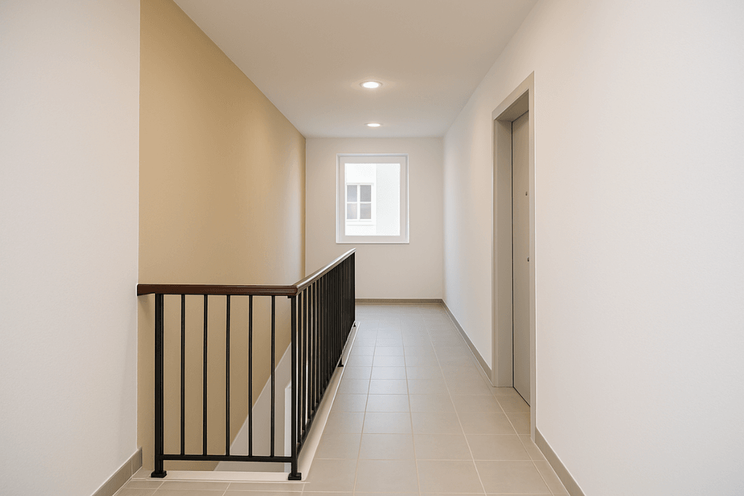 Boya işlemi tamamlanmış, ferah ve temiz görünümlü apartman iç koridorları. 