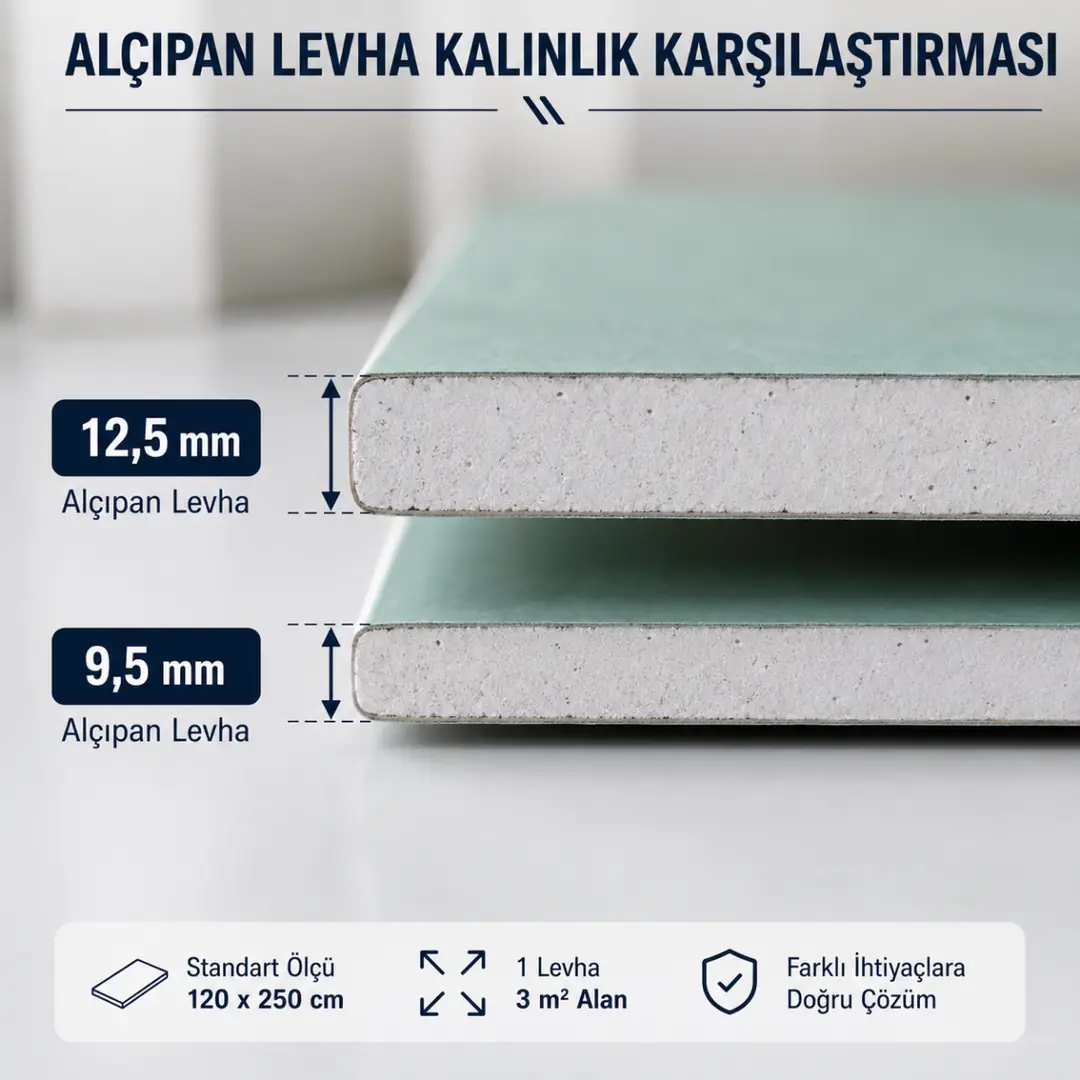 9,5 mm ve 12,5 mm alçıpan levha kalınlık karşılaştırması ve kesit görünümü.