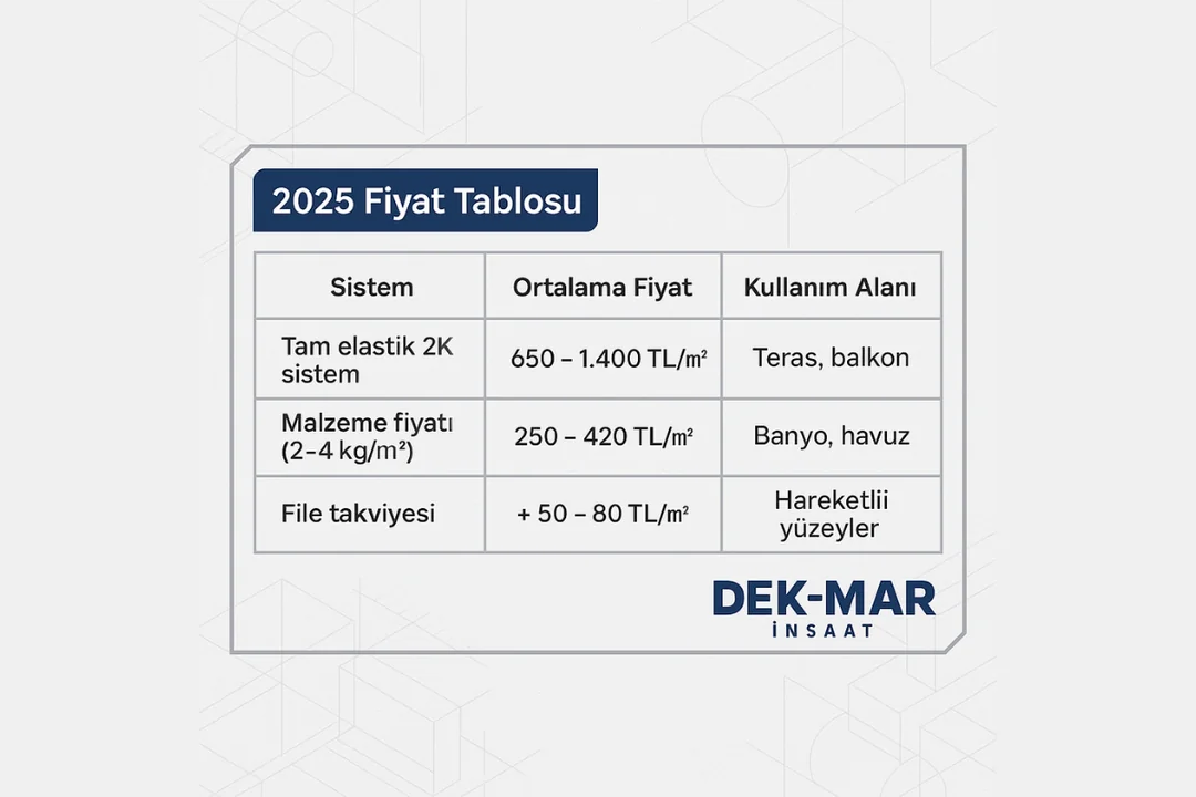 Çift komponentli çimento esaslı tam elastik su yalıtımı fiyat tablosu – uygulama dahil 2025 – Dek-Mar İnşaat
