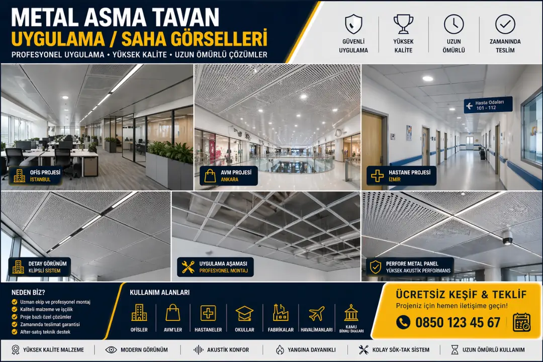 Metal asma tavan uygulama ve saha görseli; ofis, AVM ve hastane projelerinde profesyonel metal tavan montaj örnekleri&nbsp;