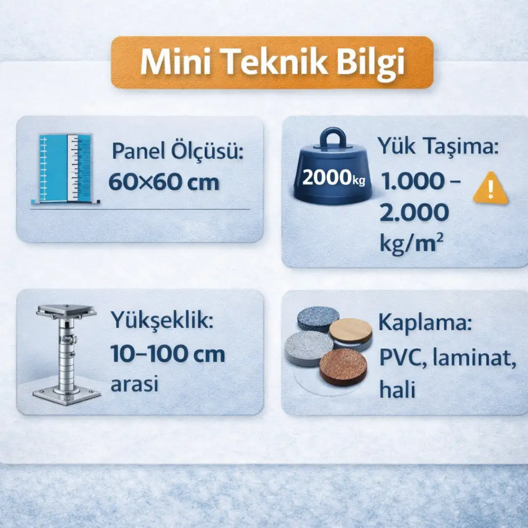 Yükseltilmiş döşeme Antalya teknik özellikleri panel ölçüsü 60x60 yük kapasitesi 1000 kg sistem yüksekliği detaylı bilgi