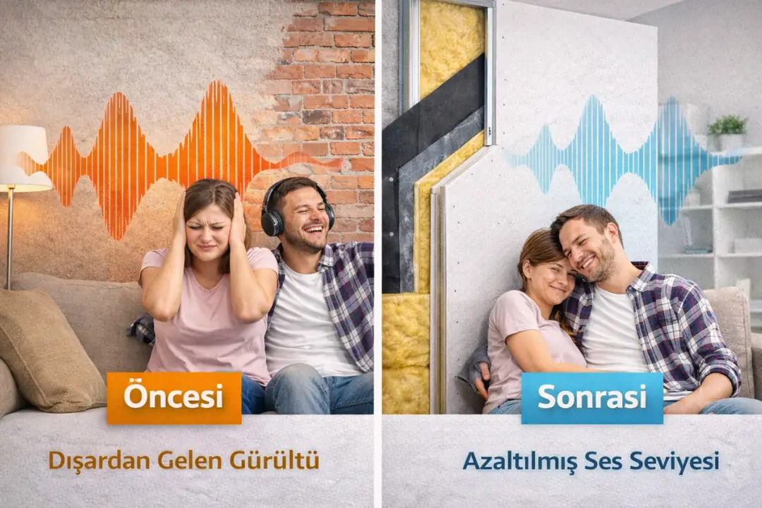 “Komşu duvar ses yalıtımı öncesi ve sonrası karşılaştırması, dışarıdan gelen gürültünün azaltılmış ses seviyesi”&nbsp;