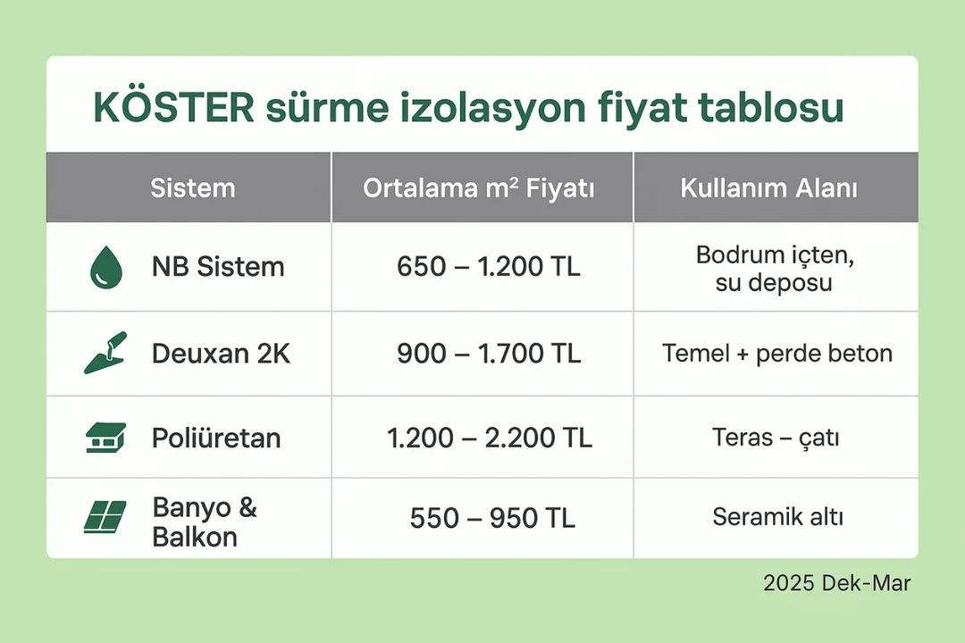 KÖSTER sürme izolasyon fiyat tablosu – temel, bodrum, teras ve bitüm esaslı Deuxan 2K fiyatları – 2025 Dek-Mar.