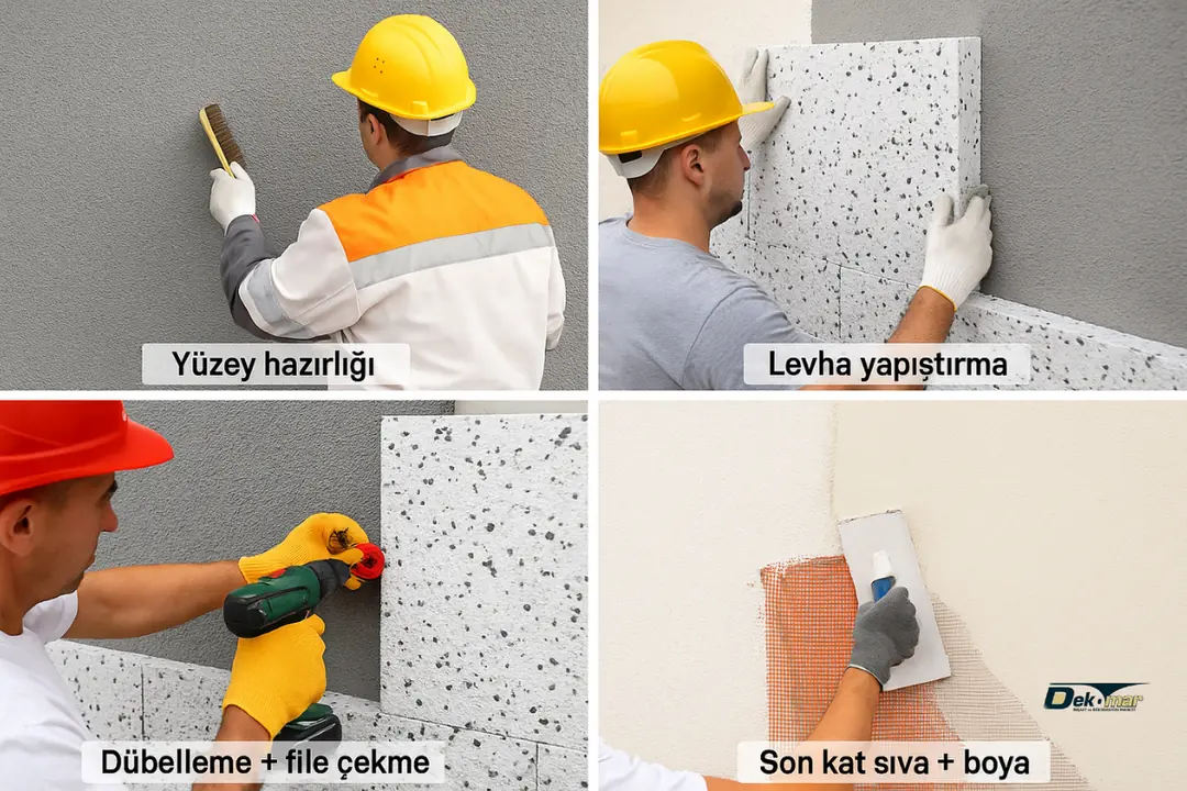 Dalmaçyalı mantolama uygulama aşamaları: yüzey hazırlığı, levha yapıştırma, dübelleme ve boya. 
