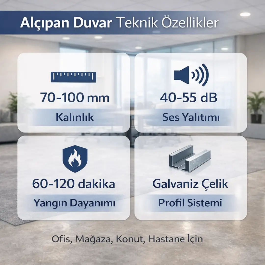 Alçıpan bölme duvar teknik özellikleri kalınlık ses yalıtımı yangın dayanımı ve sistem detayları teknik bilgi kutusu