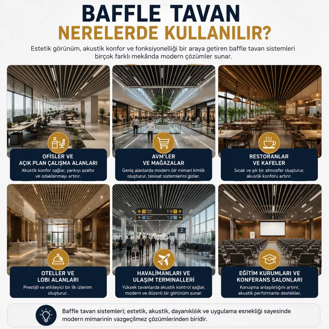 Baffle tavan kullanım alanları ofis AVM restoran ve otel uygulamaları