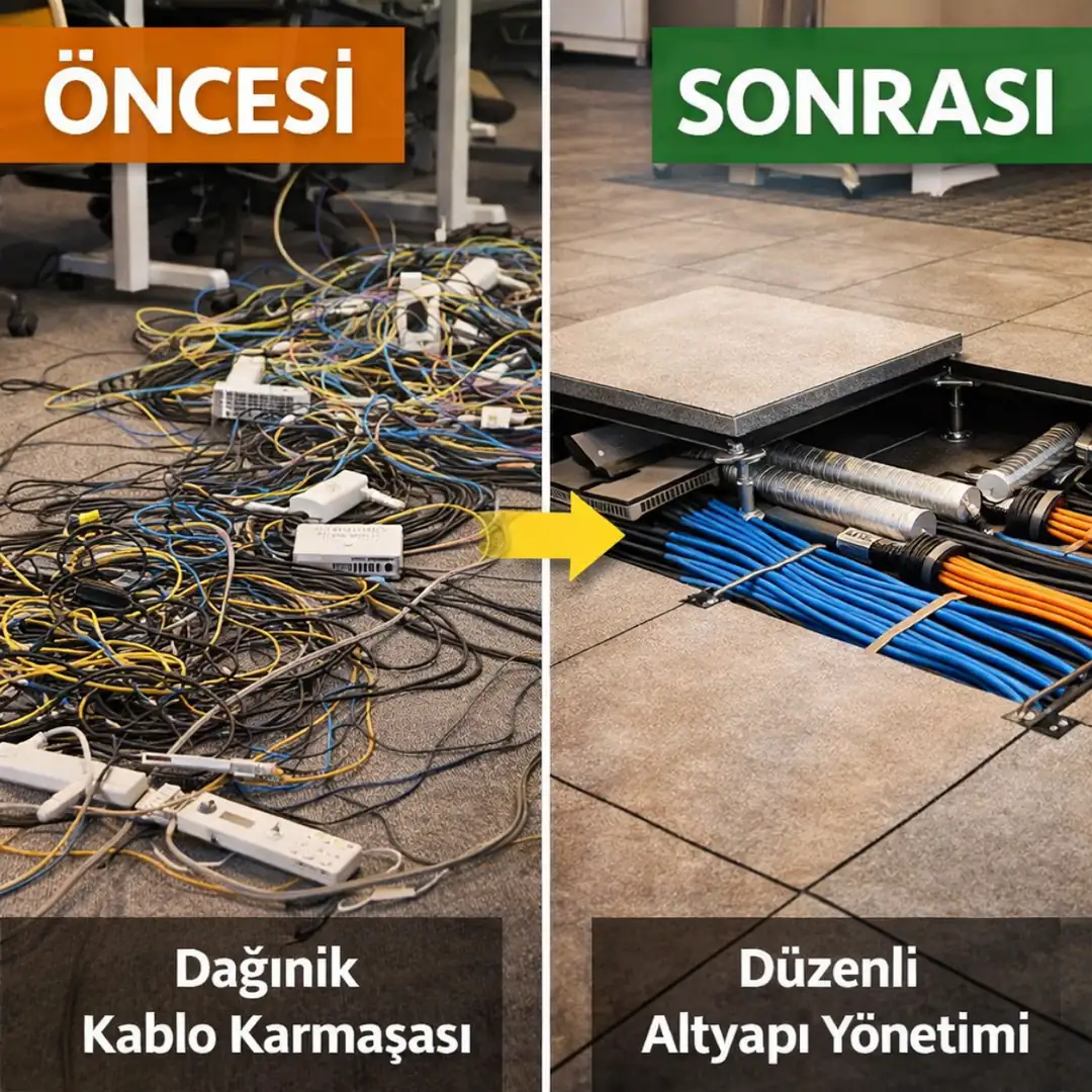 Yükseltilmiş döşeme ile kablo karmaşası öncesi ve sonrası karşılaştırması ofis altyapı düzeni
