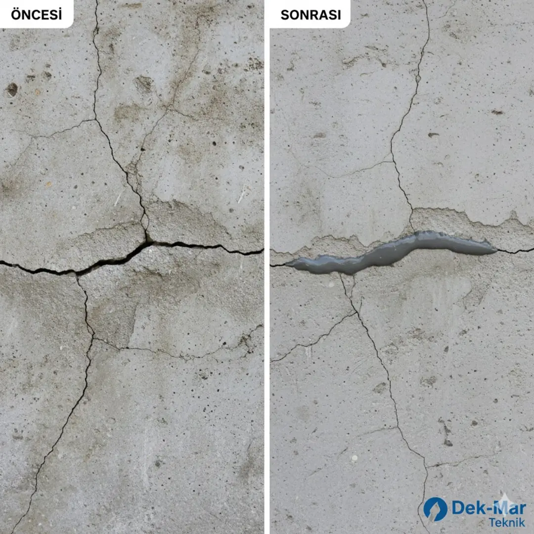 “Epoksi enjeksiyon öncesi ve sonrası karşılaştırma – beton çatlak onarımı – Dek-Mar uygulama farkı”