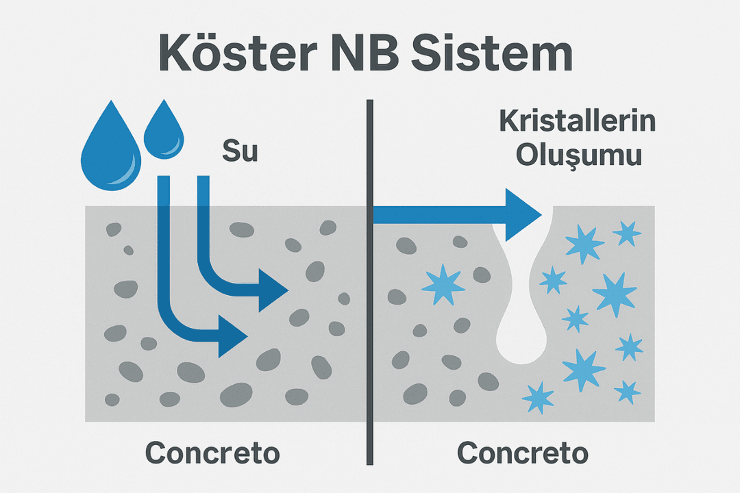Köster NB Sistem beton gözeneklerini kristallerle doldurarak su geçirmezlik sağlar.