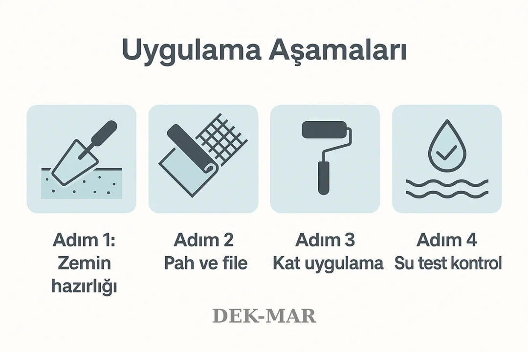 Asansör kuyusu su yalıtımı uygulama aşamaları: zemin hazırlığı, pah ve file, kat uygulama, su test kontrolü infografik