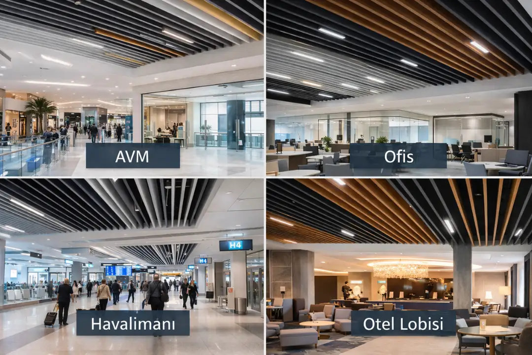 Ofis, AVM, havalimanı ve otel lobisi gibi ticari alanlarda baffle tavan uygulama örnekleri