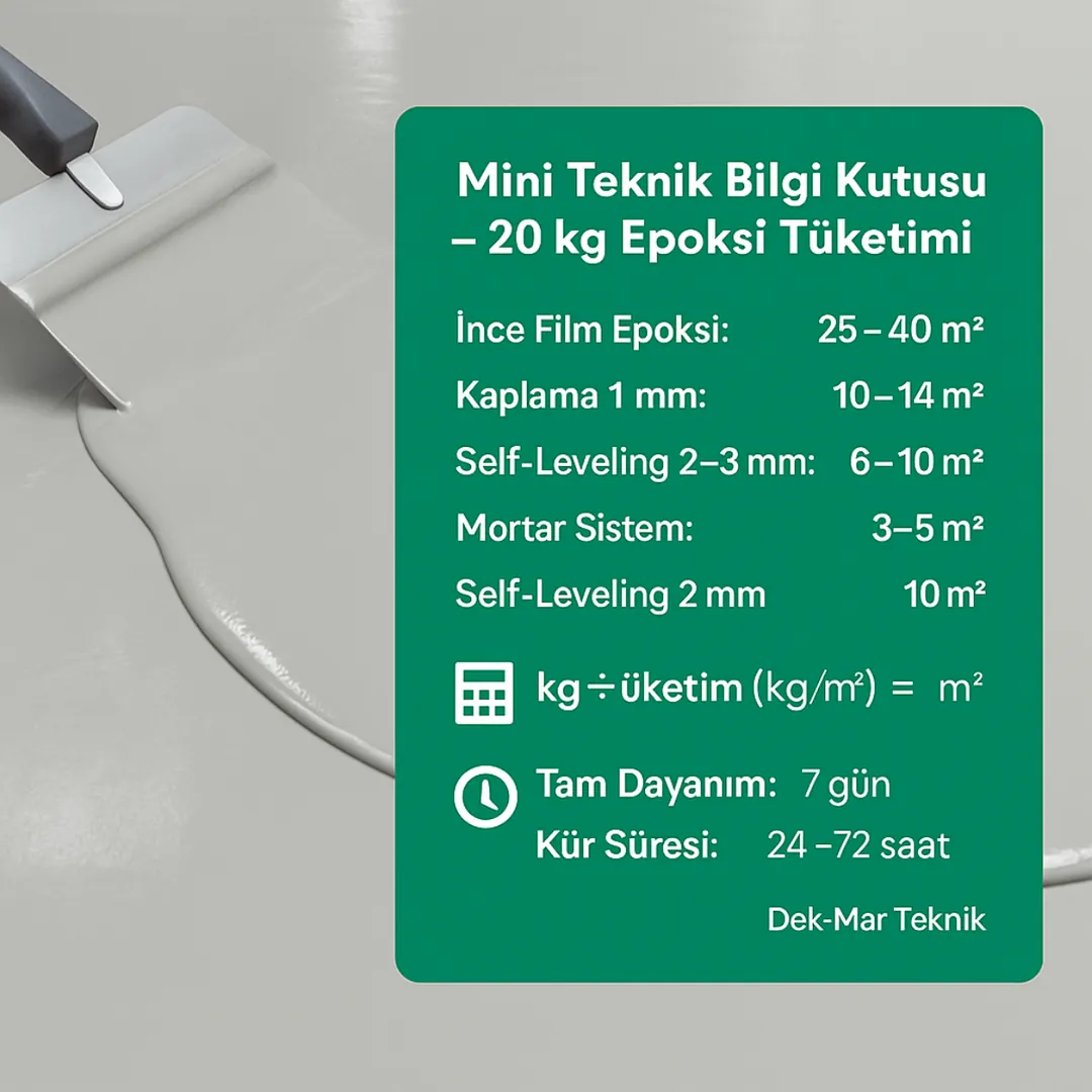 Epoksi 20 kg tüketim teknik değerleri – kaplama kalınlığı ve m2 hesaplama – Dek-Mar Teknik