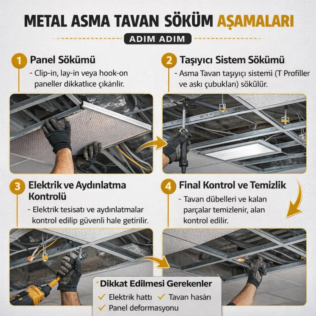 Metal asma tavan söküm aşamaları panel ve taşıyıcı sistemin adım adım çıkarılması&nbsp;