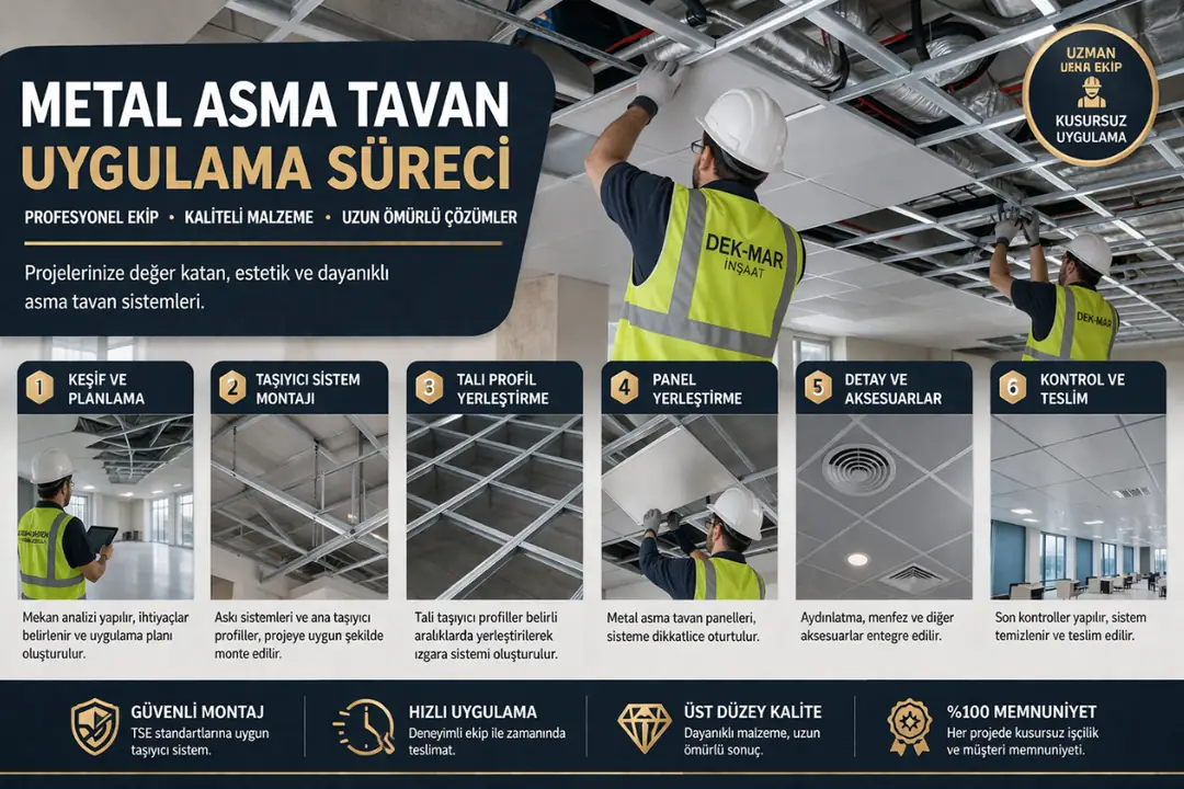 Metal asma tavan uygulama süreci, montaj ve saha çalışması görüntüsü&nbsp;
