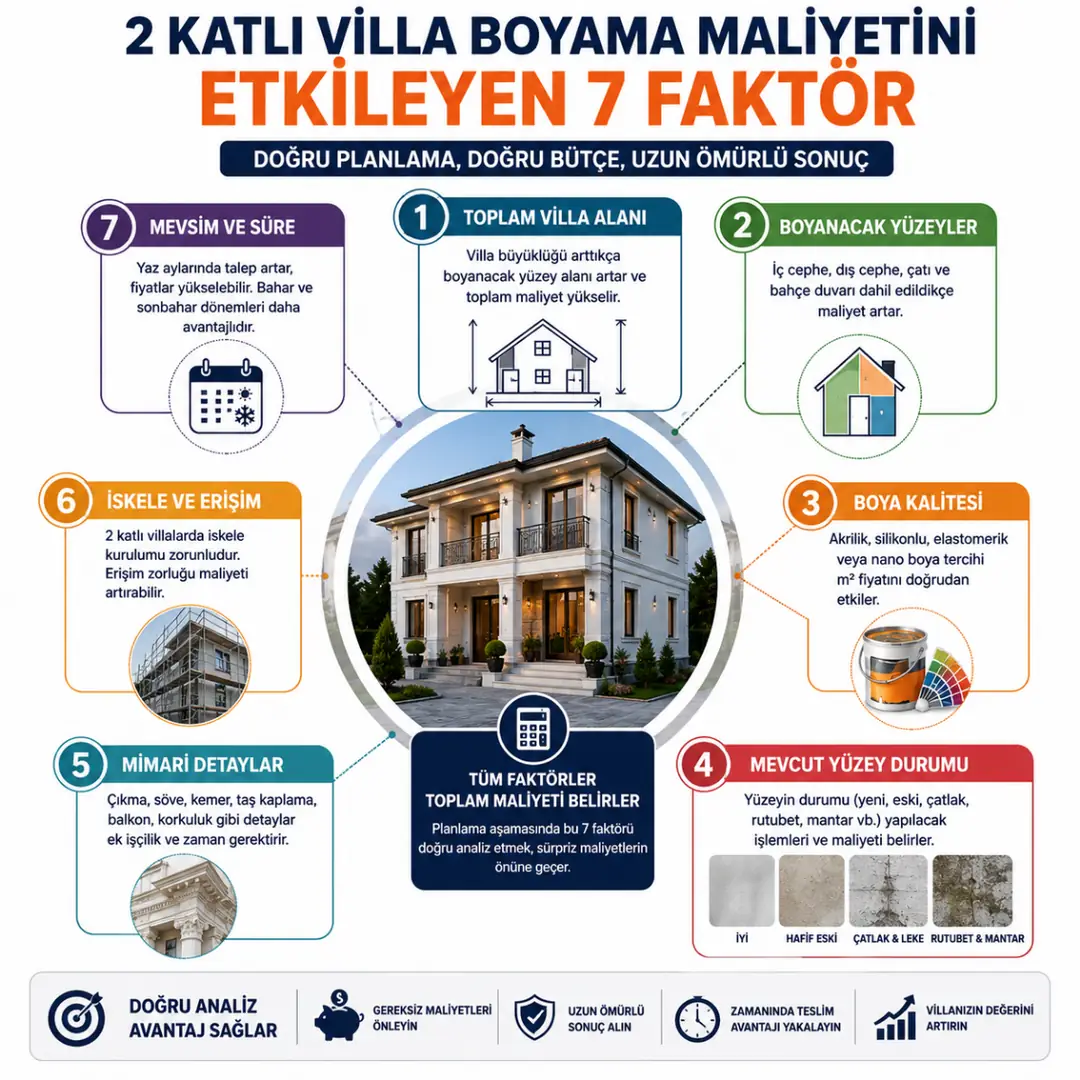 Villa boyama maliyetini etkileyen alan boya kalitesi iskele ve yüzey durumu faktörleri&nbsp;
