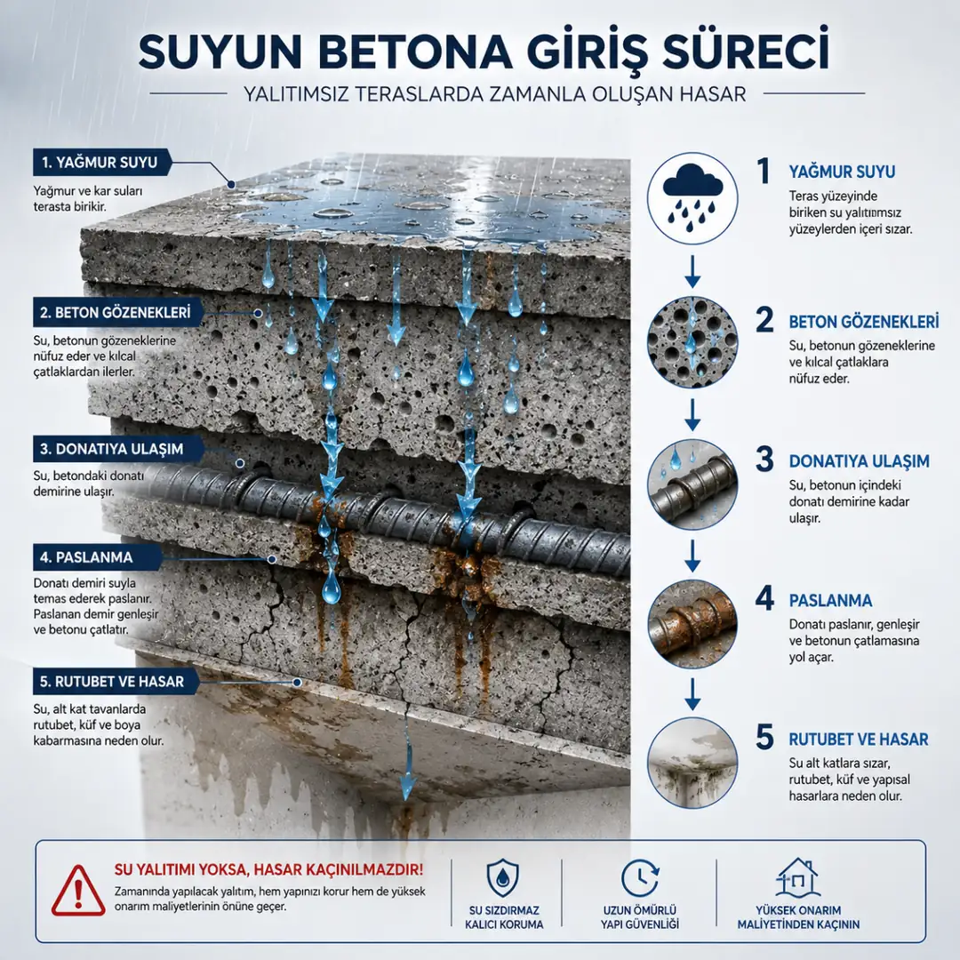 Beton teraslarda suyun donatıya ulaşarak oluşturduğu hasar süreci&nbsp;