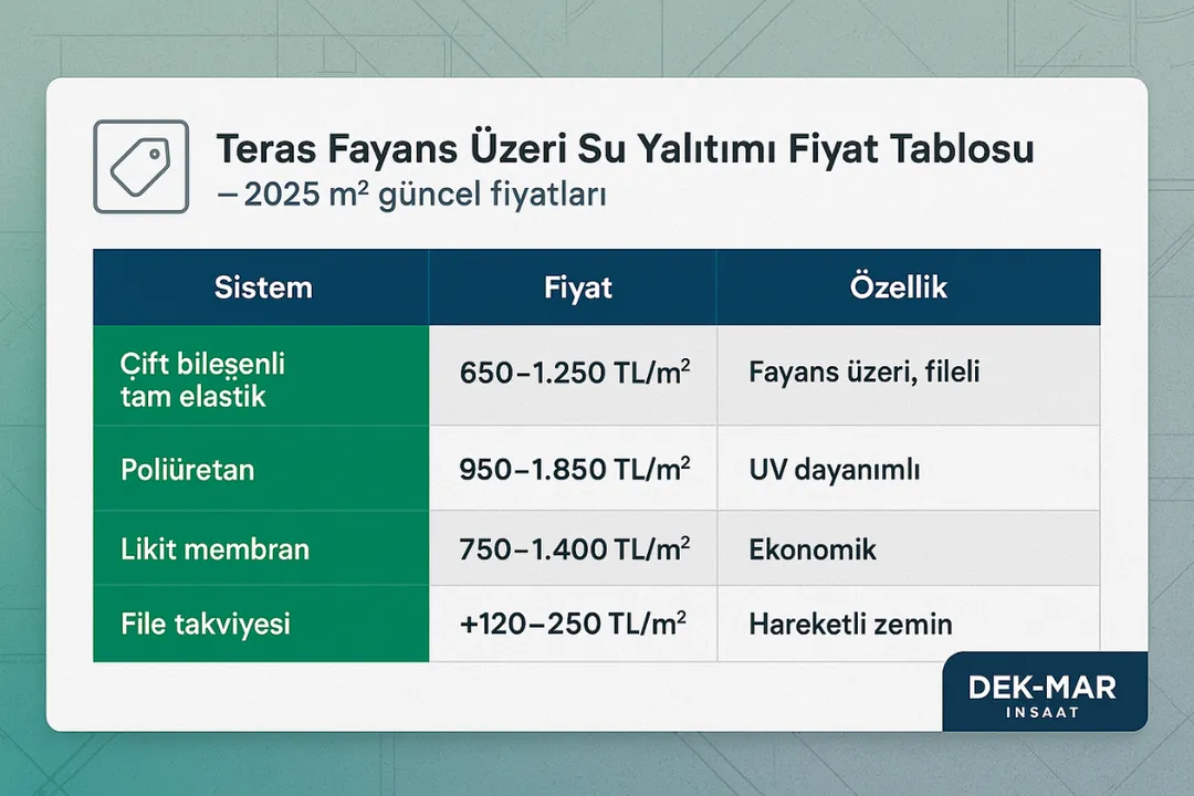 Teras fayans üzeri su yalıtımı fiyat tablosu – 2025 m2 güncel fiyatları – Dek-Mar İnşaat