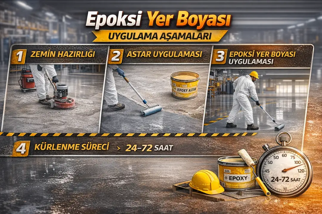Epoksi yer boyası uygulama aşamaları – zemin hazırlığı, astar uygulaması, epoksi boya ve 24–72 saat kür süreci.