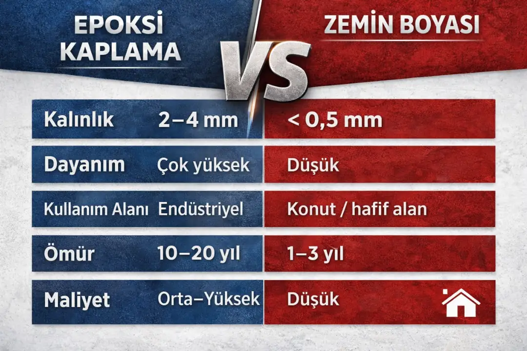 Epoksi kaplama ile zemin boyası karşılaştırması, kalınlık dayanım ve kullanım alanları