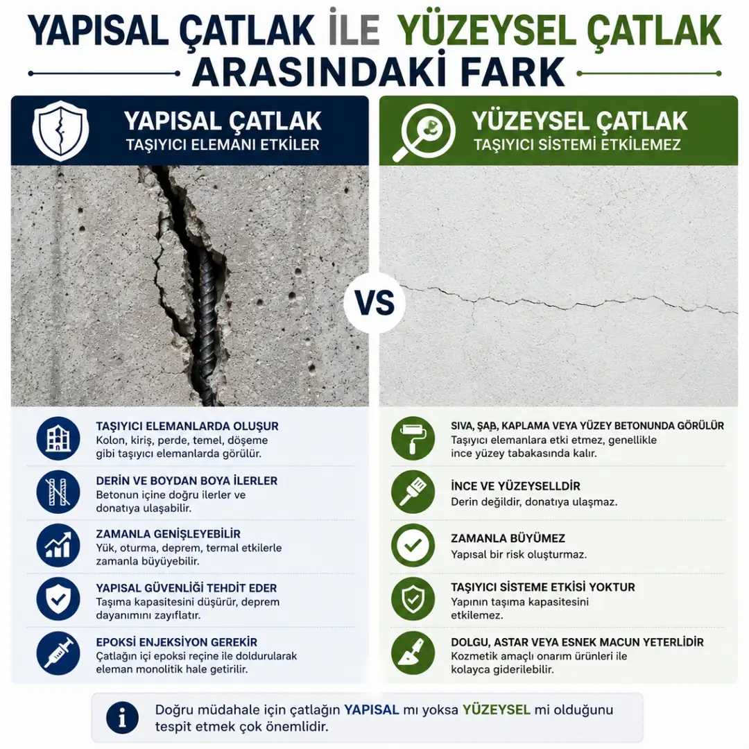 Yapısal çatlak ve yüzeysel beton çatlağı farkını gösteren teknik karşılaştırma&nbsp;