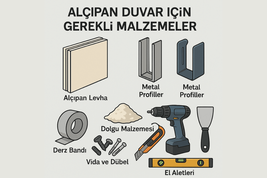 Alçıpan duvar için gerekli levha, profil, vida ve el aletleri; montaj sürecinde kullanılan tüm temel malzemeler bir arada. 