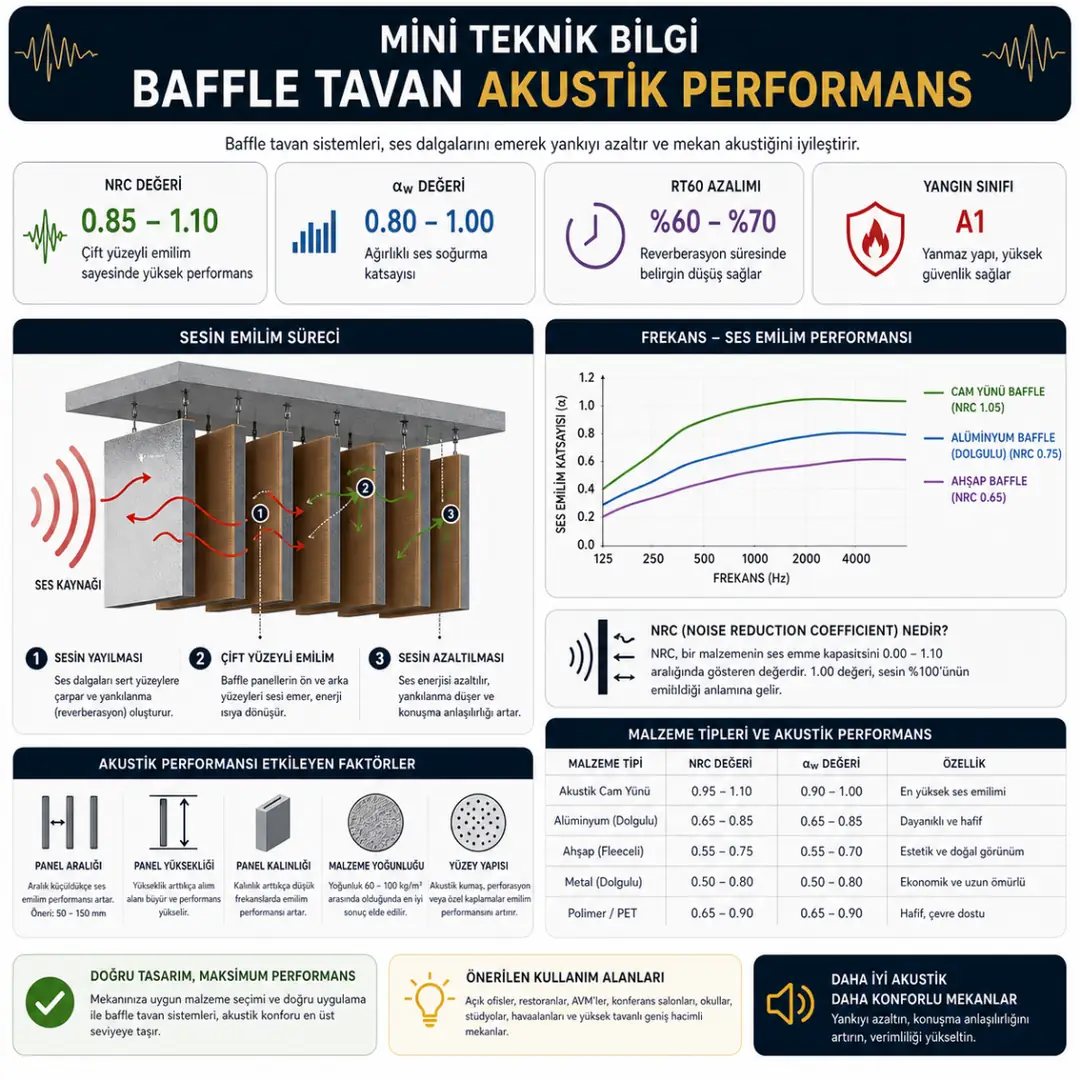 Baffle tavan akustik performans NRC değeri ses emilimi teknik açıklama&nbsp;