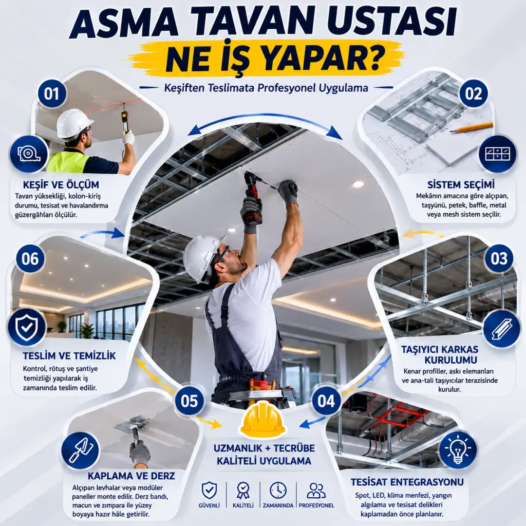 Asma tavan ustasının keşiften teslimata kadar yaptığı uygulama aşamaları