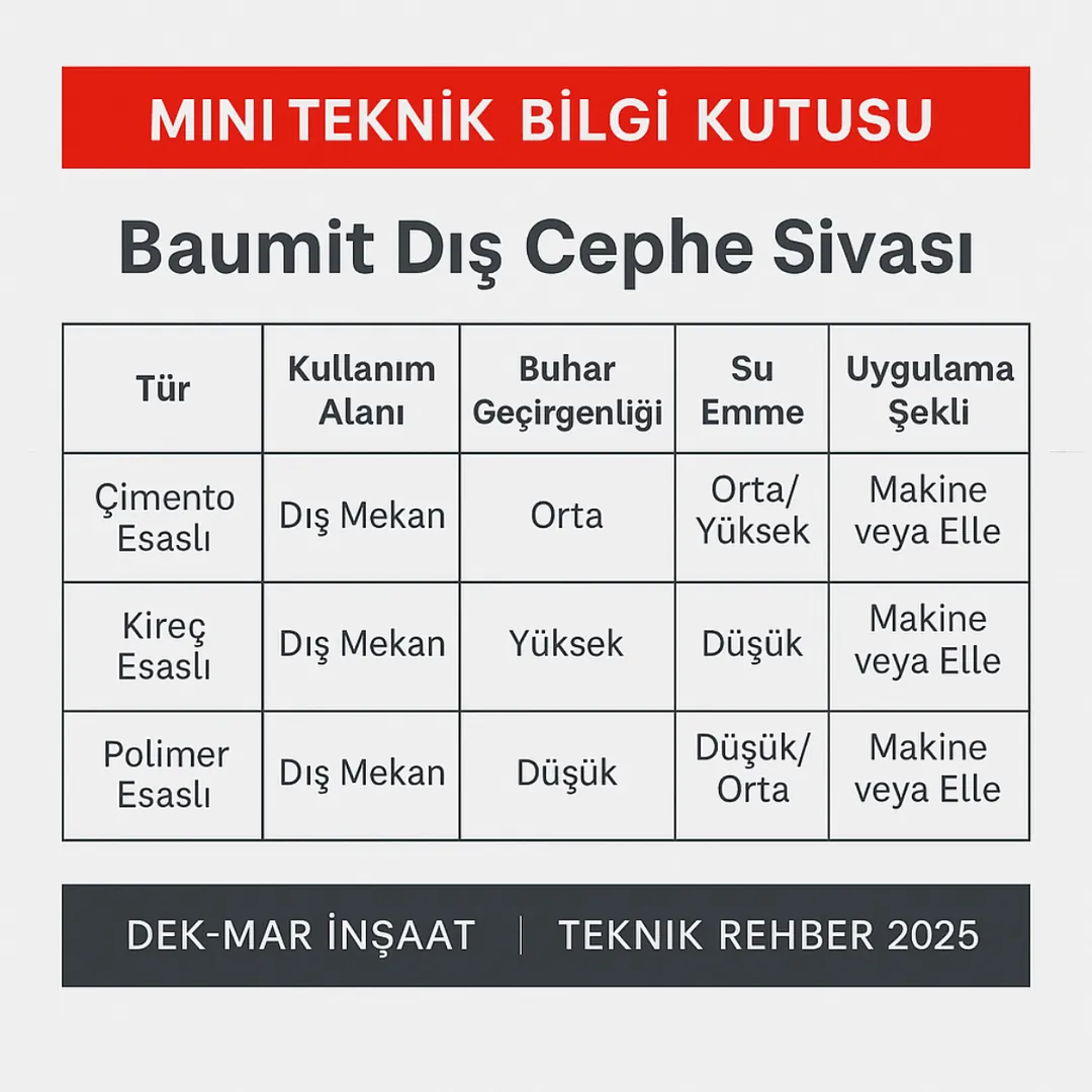 Baumit dış cephe sıvası teknik özellikleri – çimento, kireç, polimer esaslı sıva parametreleri – Dek-Mar İnşaat