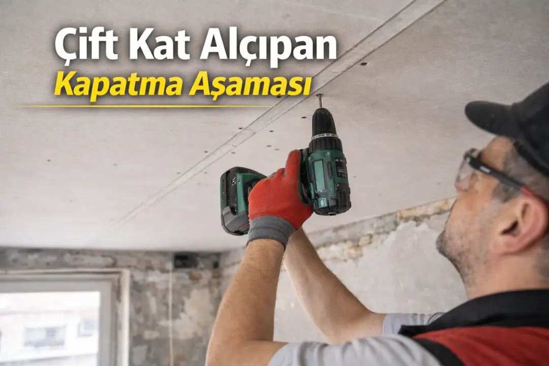 Çift kat alçıpan ile tavan ses yalıtımı kapatma aşaması&nbsp;